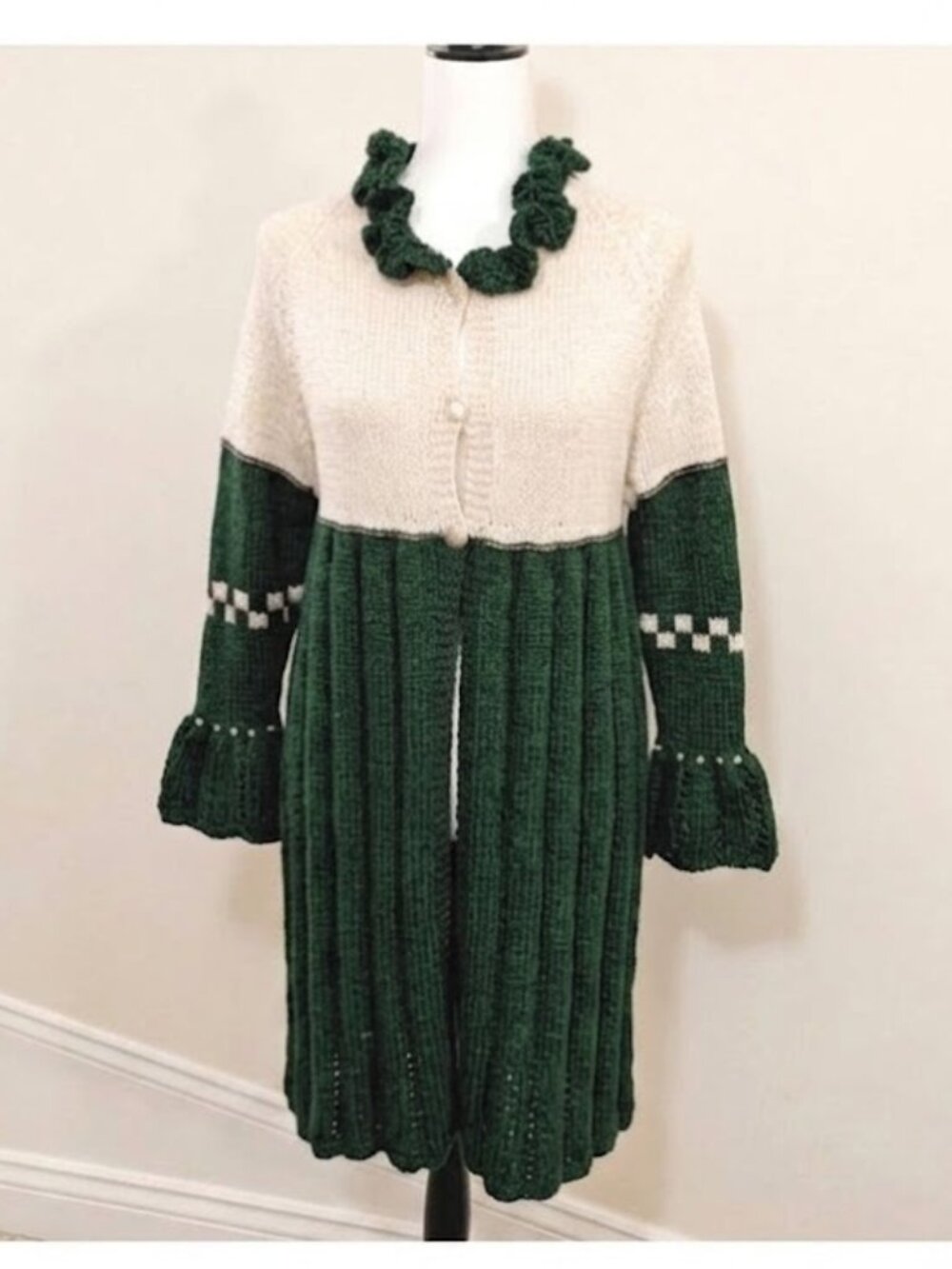 Handmade Cardigan Dress Glitter Beige Green Ruffled Collar Button Front, Sz S-M